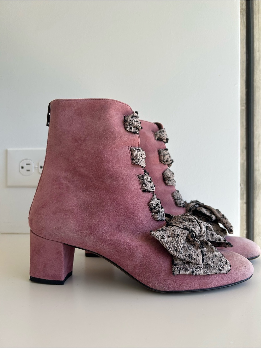 Agl Pink Suede Block Heel Ankle Boots with Decorative Bows